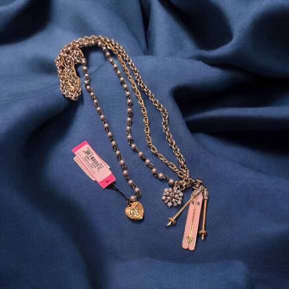 NEW Rare Betsey Johnson Long Layered Necklace with Extender Pink Skis Ski Poles - Picture 2 of 11